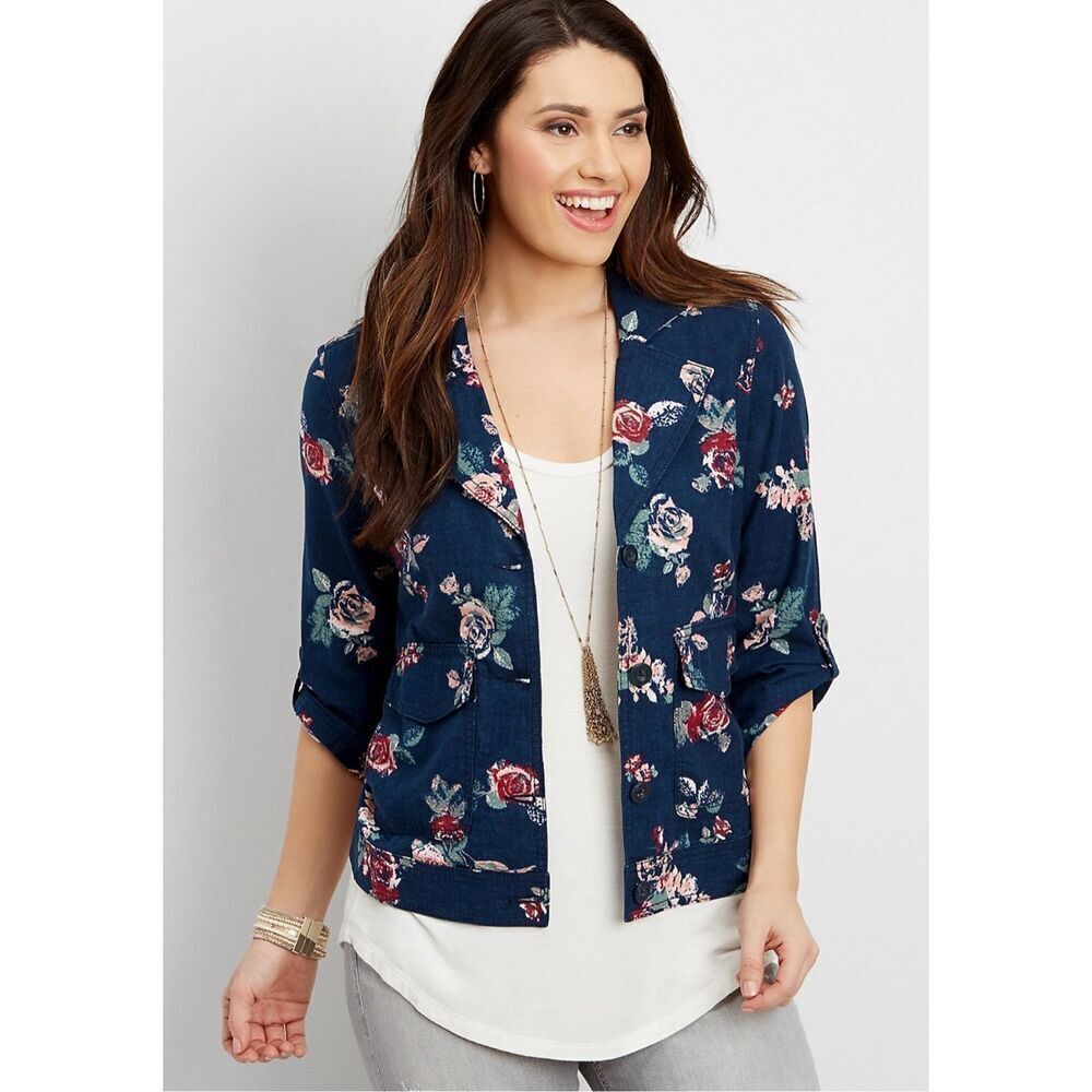 Maurices Jacket Womens Floral Blue Linen Button Up Boho Art Pockets SZ L